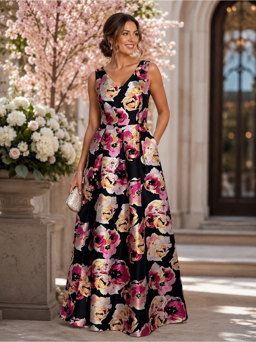 Ellen Tracy Floral Gown Black Pink Sz6